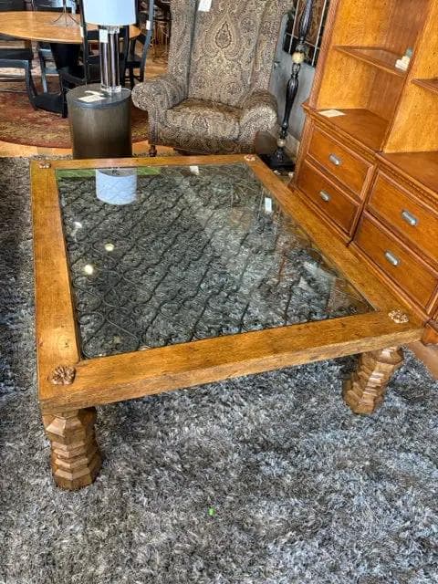 Large Wooden Coffee Table with Black Iron and Glass Top
