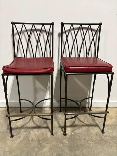 Industrial Style Wrought Iron Bar Stools with Red Upholstered Seats Set of 2
