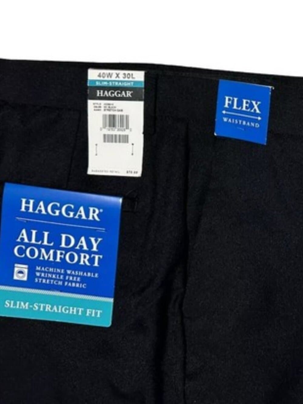 HAGGAR Dress Pants Mens 44X32 Black Flat Front Slim Straight Stretch No Wrinkle