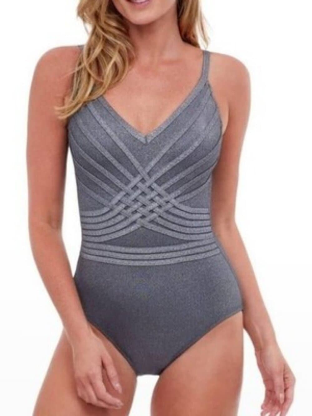 Gray One Piece Swimsuit V Neck Woven Detail Elegant Bathing Suit Sz 10 NWT