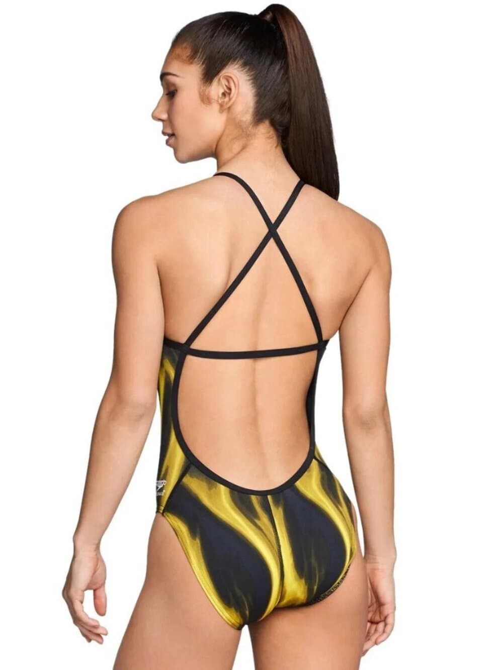 Speedo Vapor Flame Endurance Swimsuit Womans Cross Racer Yellow Blk SZ 6/32