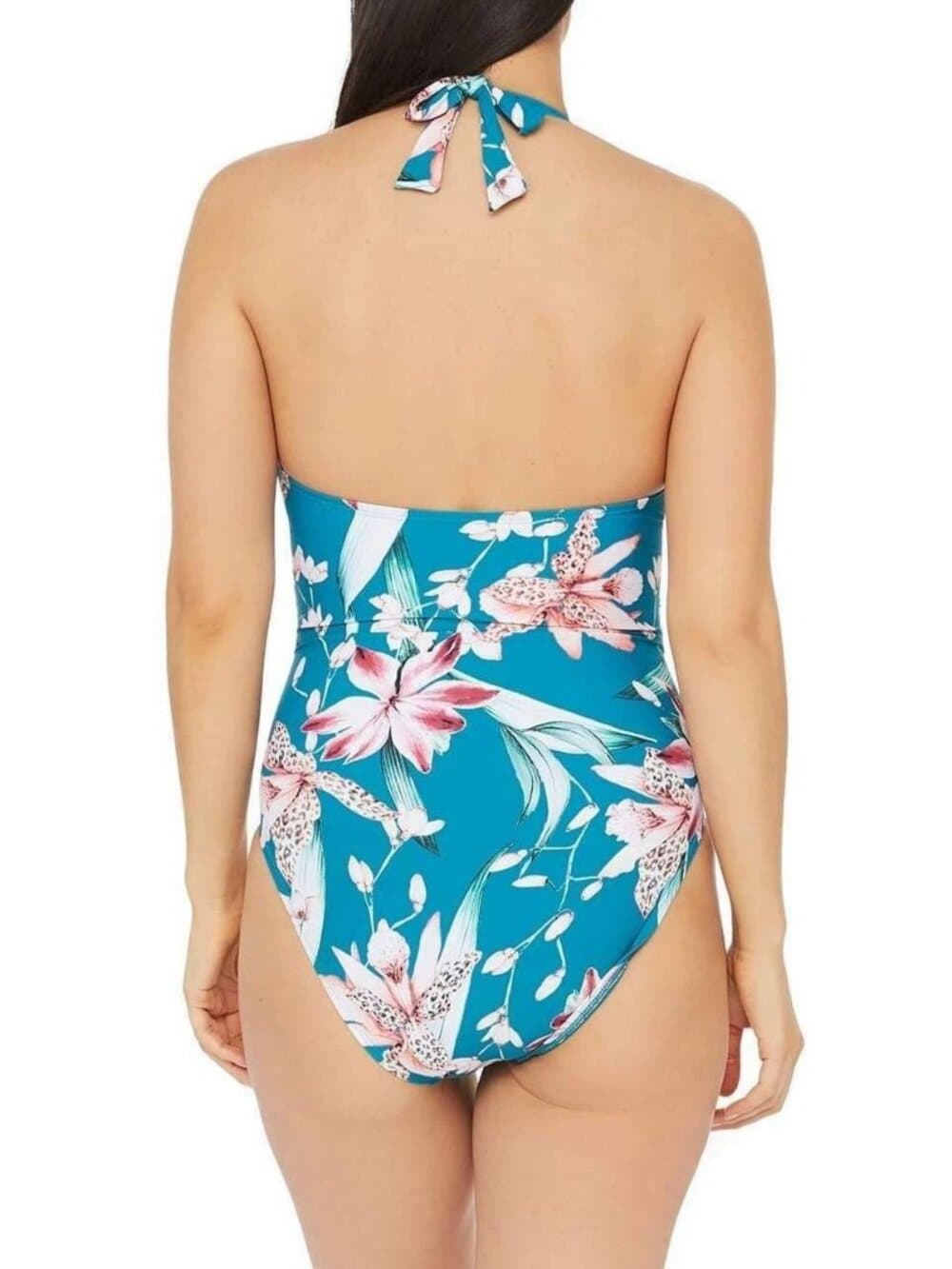 NWT La Blanca Flyaway Orchid Plunge Keyhole Halter 1-Piece Swimsuit, Teal, Sz 0