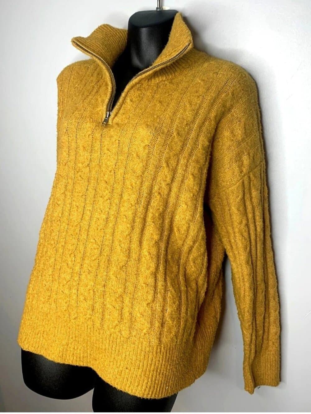 Olive + Oak Women's Mock Neck 3/4 Zip Cable knit Mustard Sweater XL
