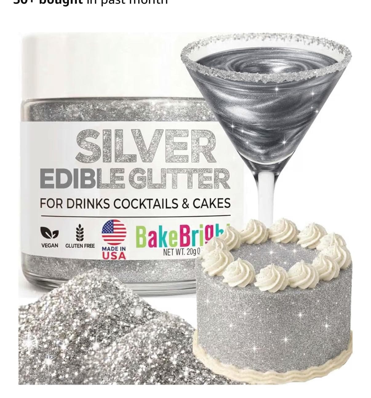 BakeBright Silver Edible Glitter 20g for Drinks & Cakes