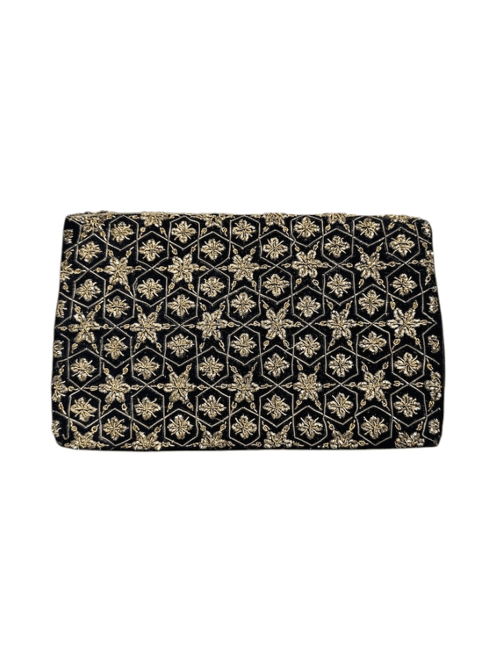 Vintage Black Velvet Clutch Bag with Gold Wired Thread Embroidery
