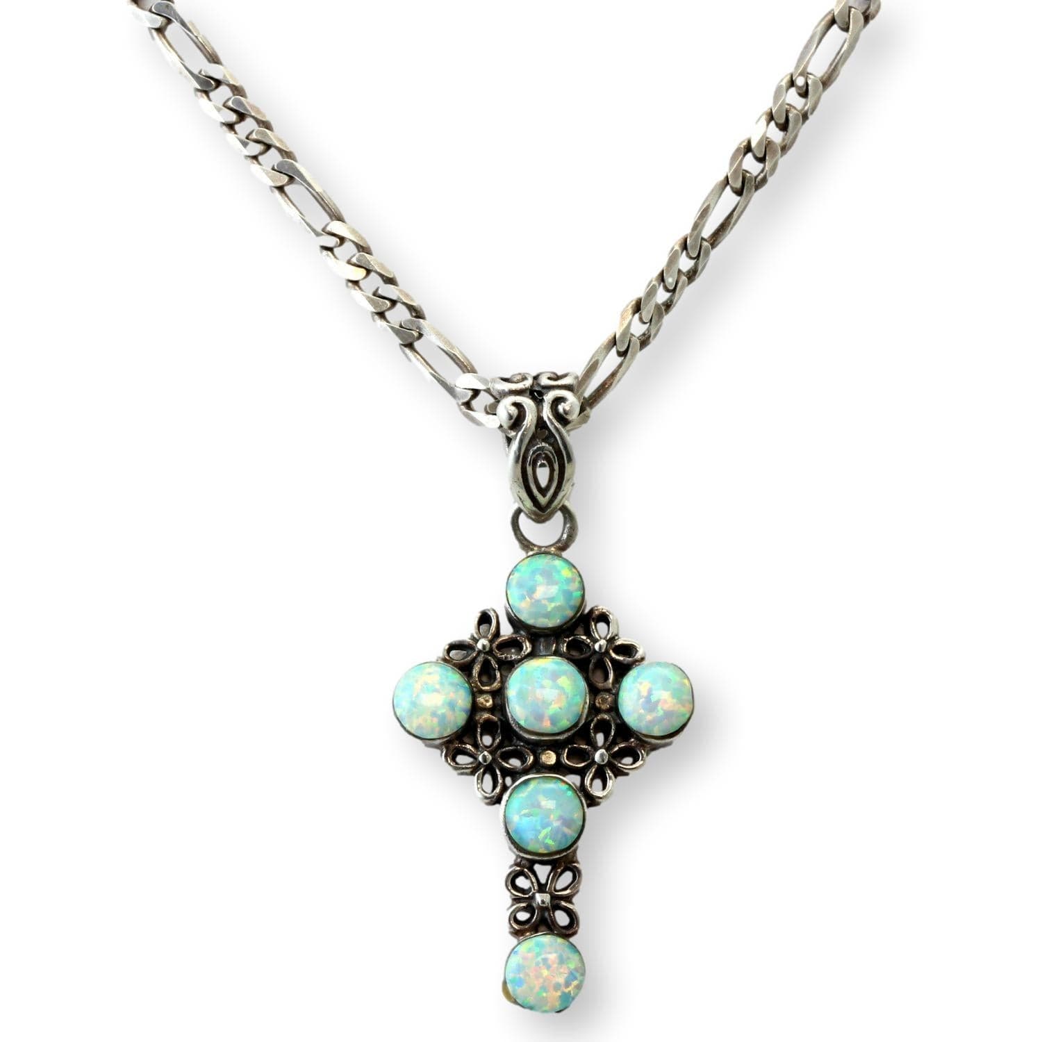Vintage Sterling Silver White Created-Opal Cross Pendant & Chain - 16 in