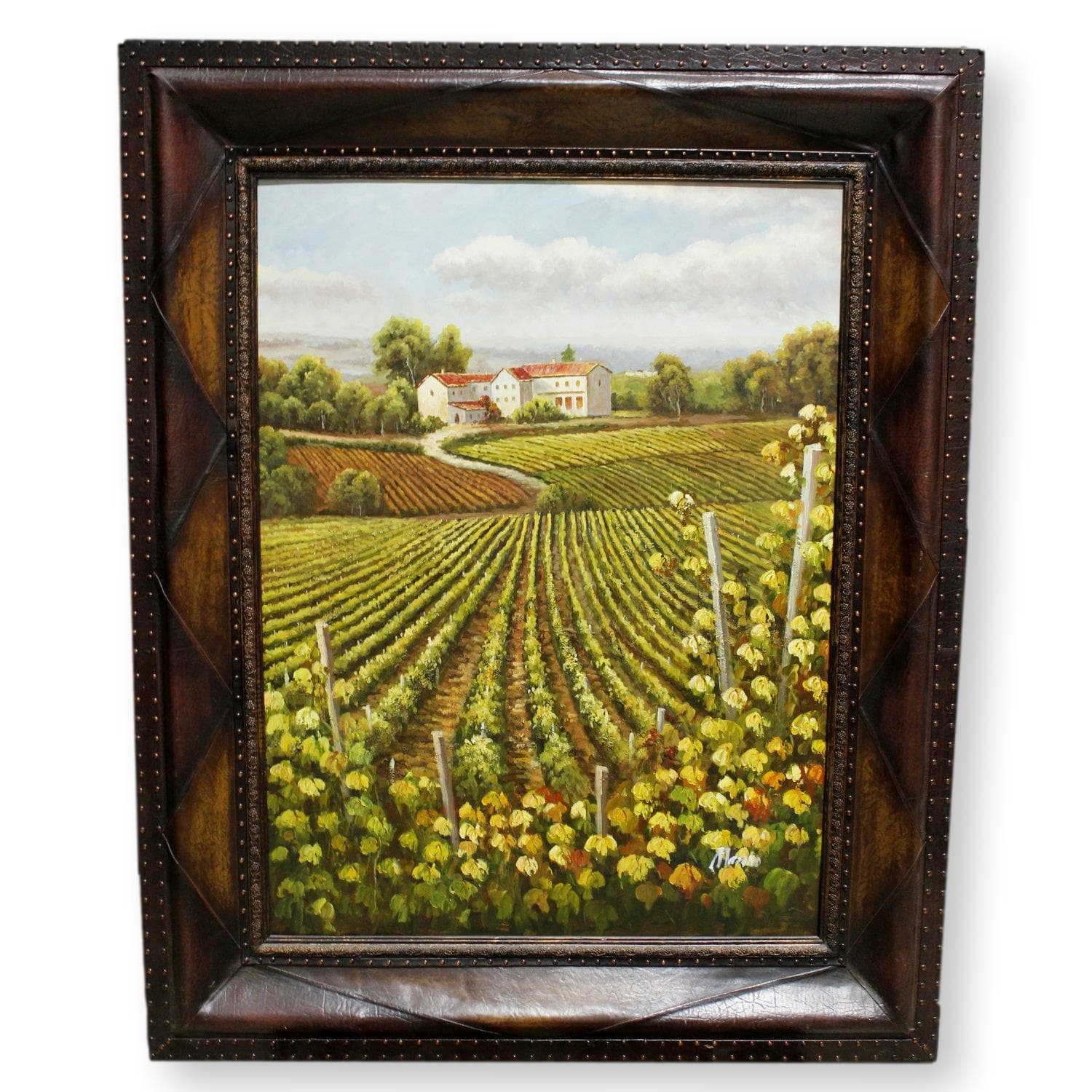 Framed Original Oil - Large Italian Vineyard w/Leather Frame