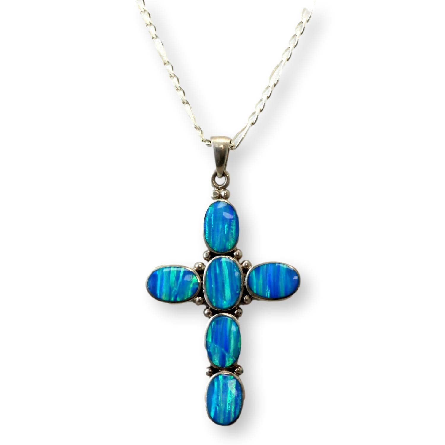 Vintage Sterling Silver Blue Created Opal Cross Pendant & 18" Chain - 18 in