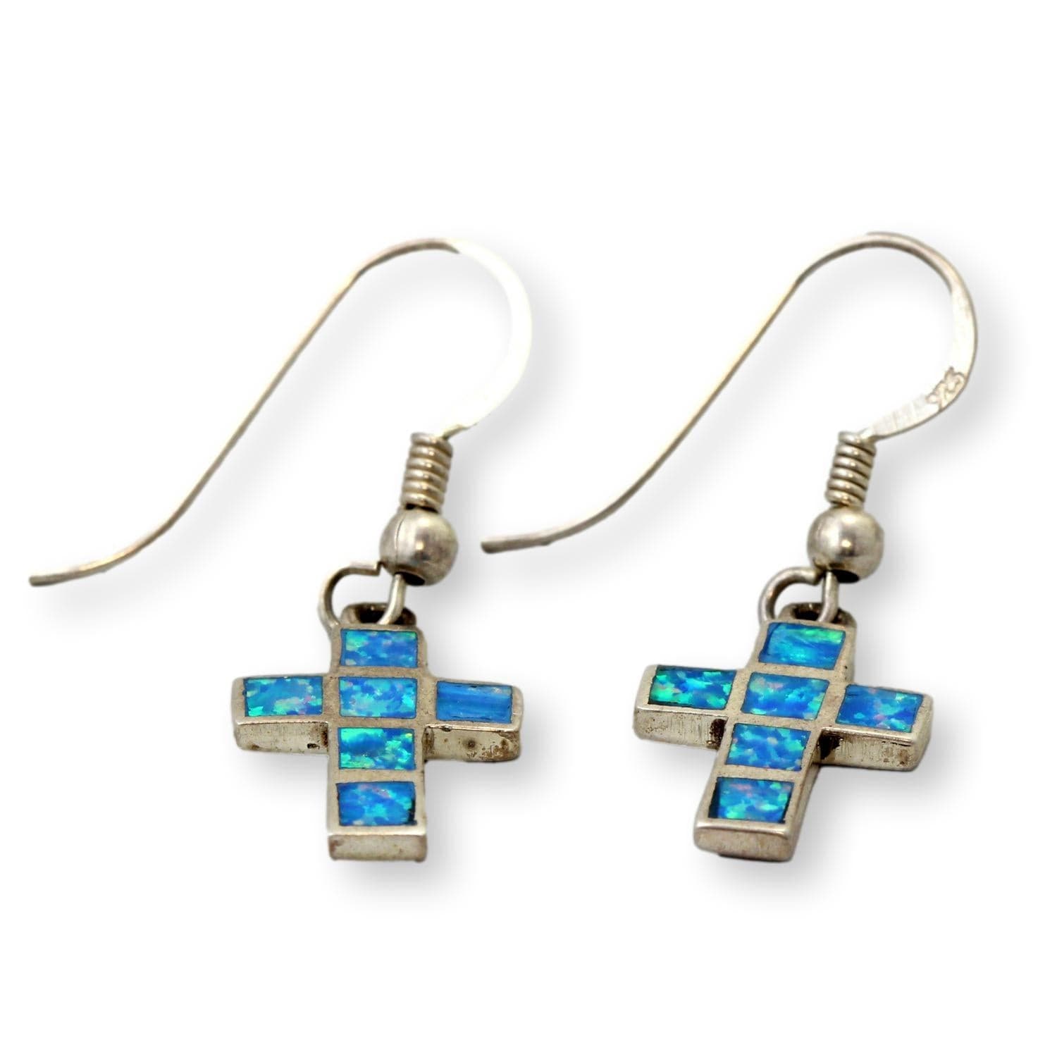 Sterling Silver Blue Created-Opal Inlay Cross Dangle Earrings - 1.25 in