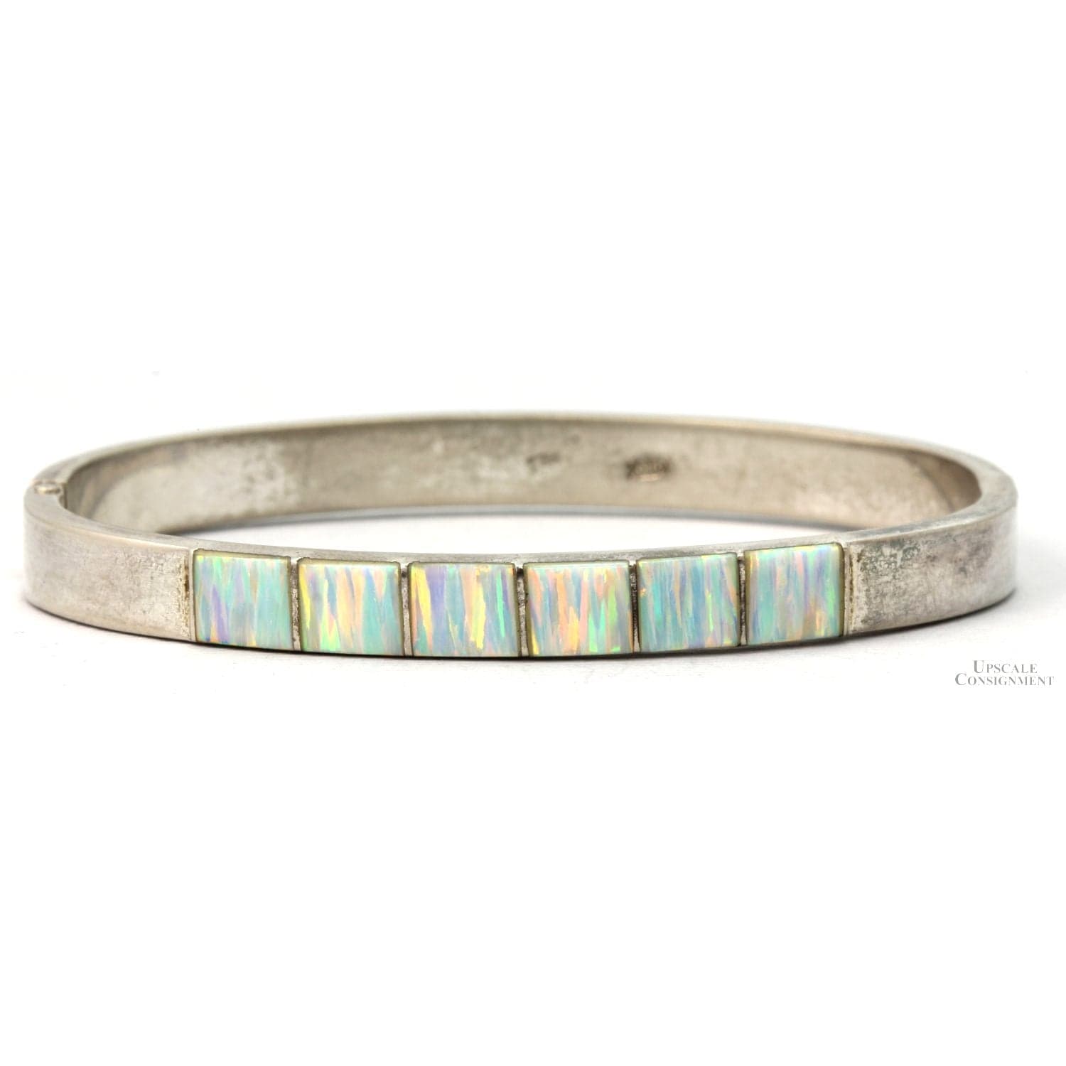 Vintage Sterling Silver White Opal Inlay Hinged Bangle - Size 6.75