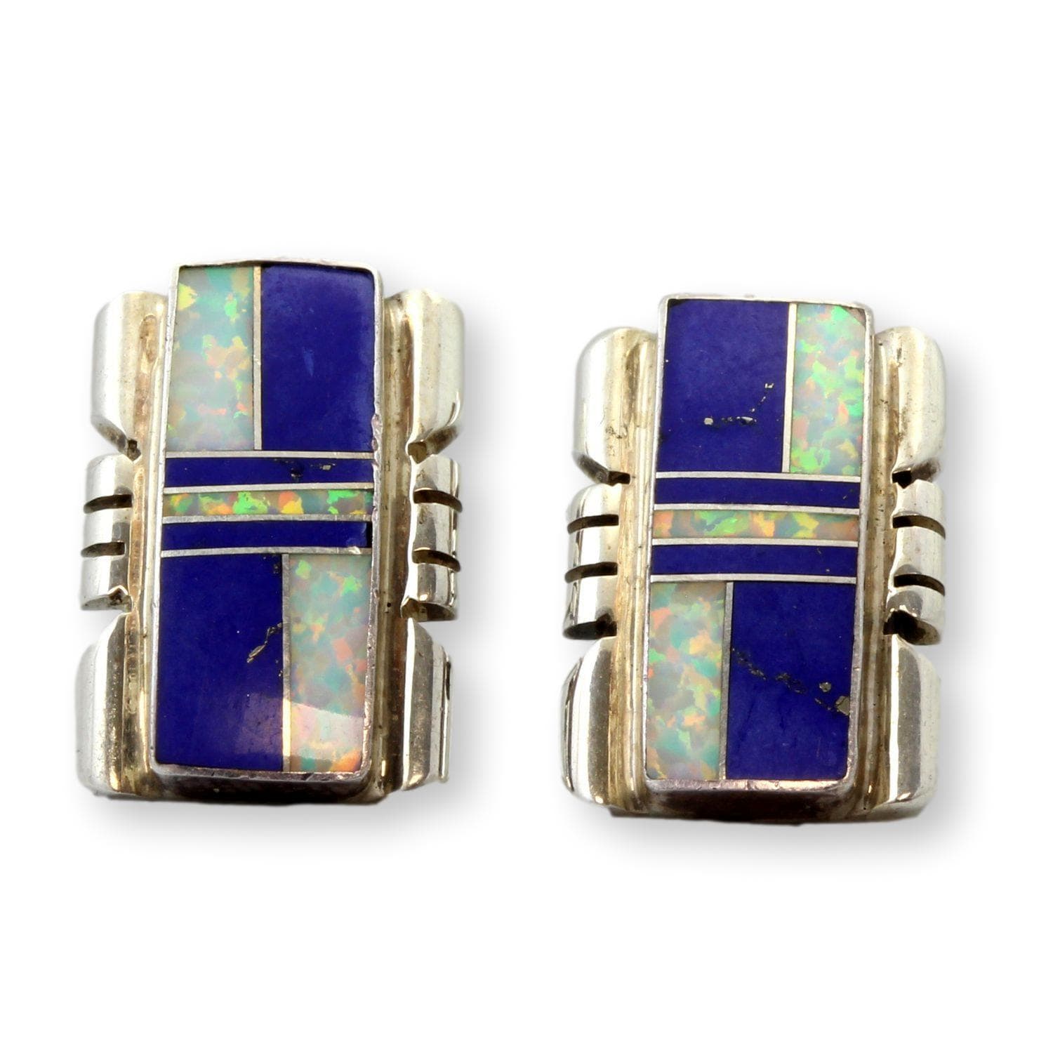 Sterling Silver Blue Lapis & White Opal Inlay Earrings - .6875"(l)