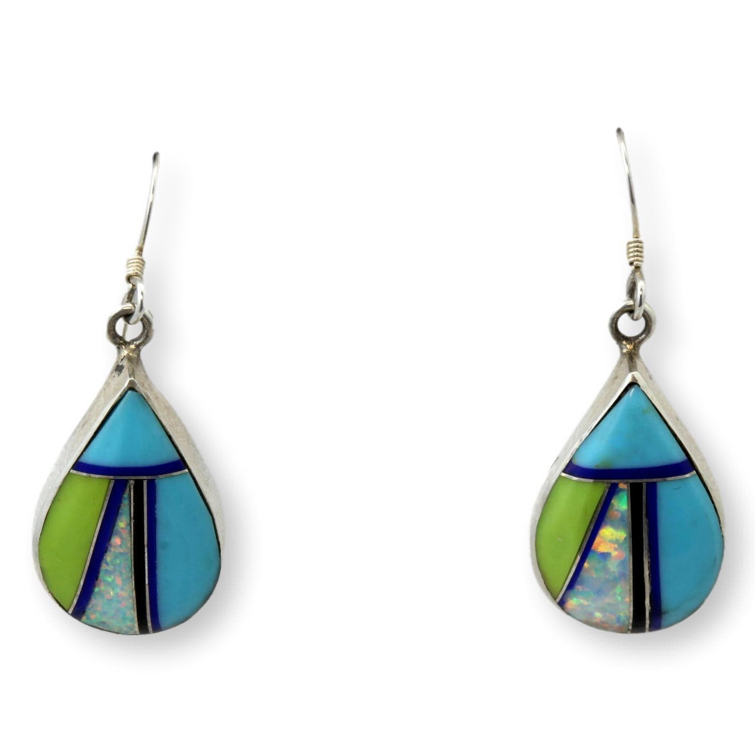 Sterling Silver Turquoise Gaspeite Opal Lapis Onyx Earrings - 1.25 in