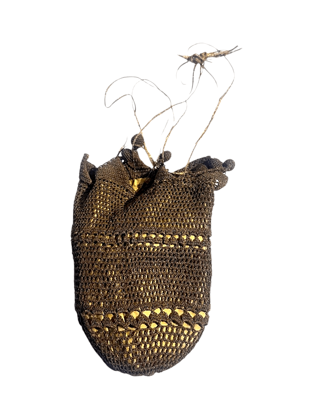 Late Edwardian to Flapper Era Bronze Colored Antique Hand-crocheted Metallic Gimp or Lurex Crochet Reticule with Gold/Mustard Lining