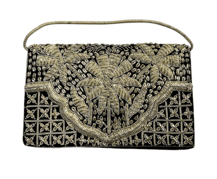 Vintage Turkish Ottoman Zardozi Gold Thread Embroidered Evening Envelope Clutch with Intricate Geometric and Floral Design