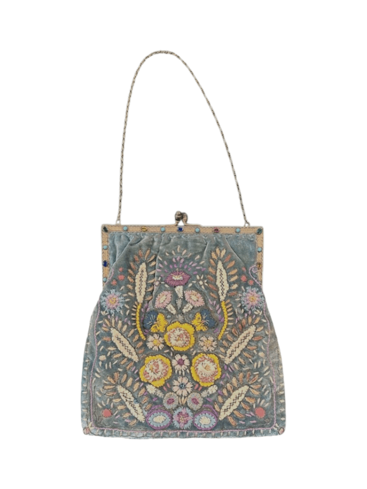 Antique 1920s/30s French Cornflower Blue Silk Velvet Evening Bag with Raised Stumpwork and Jeweled Filigree Frame