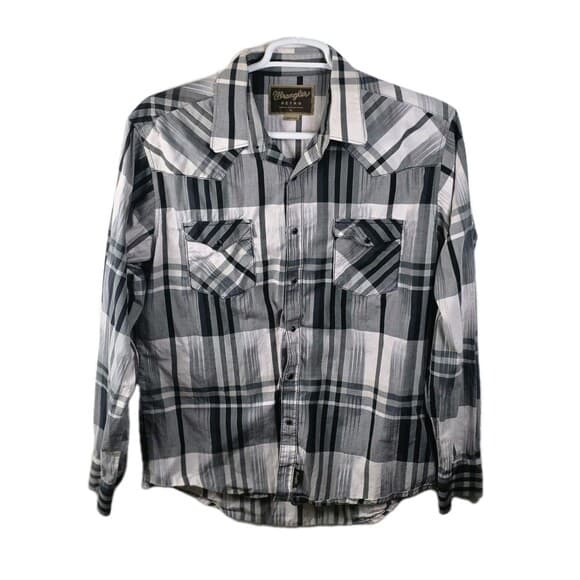 Wrangler Men’s XL Grey Striped Pearl Snap Retro Long Sleeve Button Up Shirt
