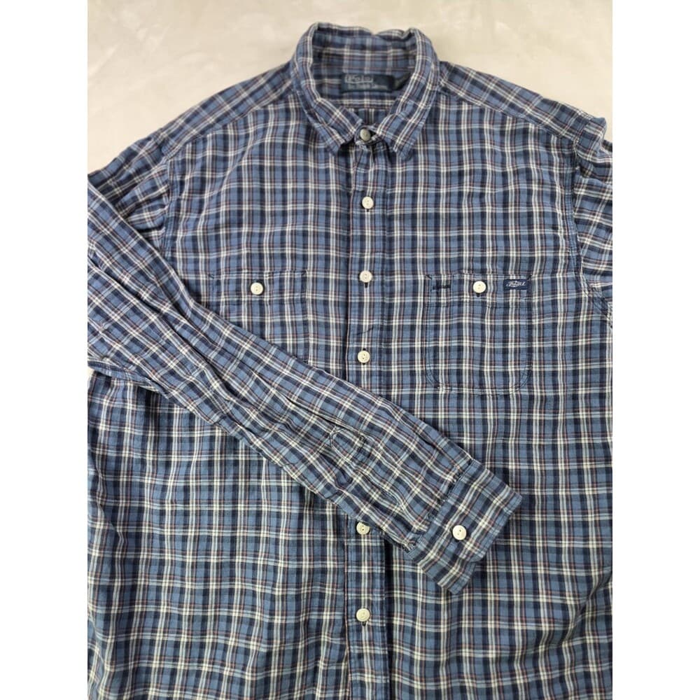 Polo Ralph Lauren Men's XL Blue Check Cotton & Linen Long Sleeve Casual Shirt