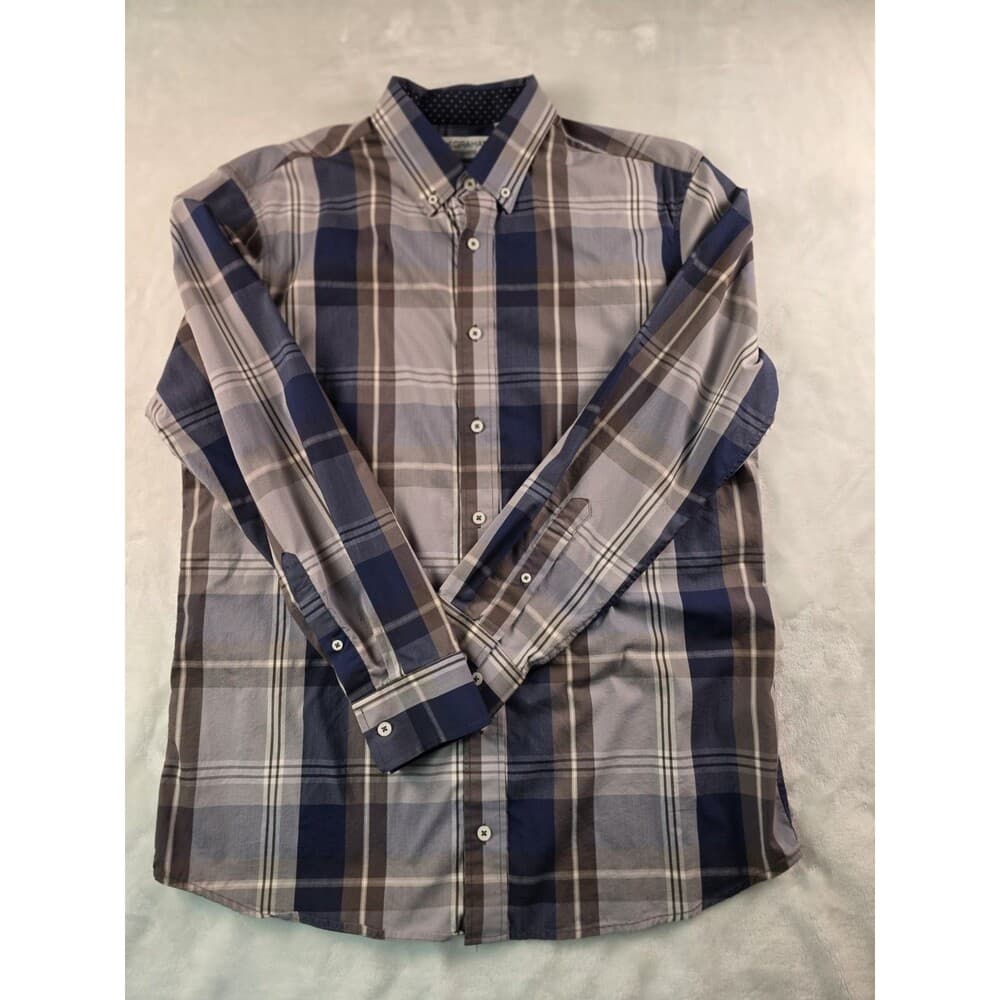 Nick Graham Men's Large Stretch Modern Fit Blue Plaid Long Sleeve Shirt