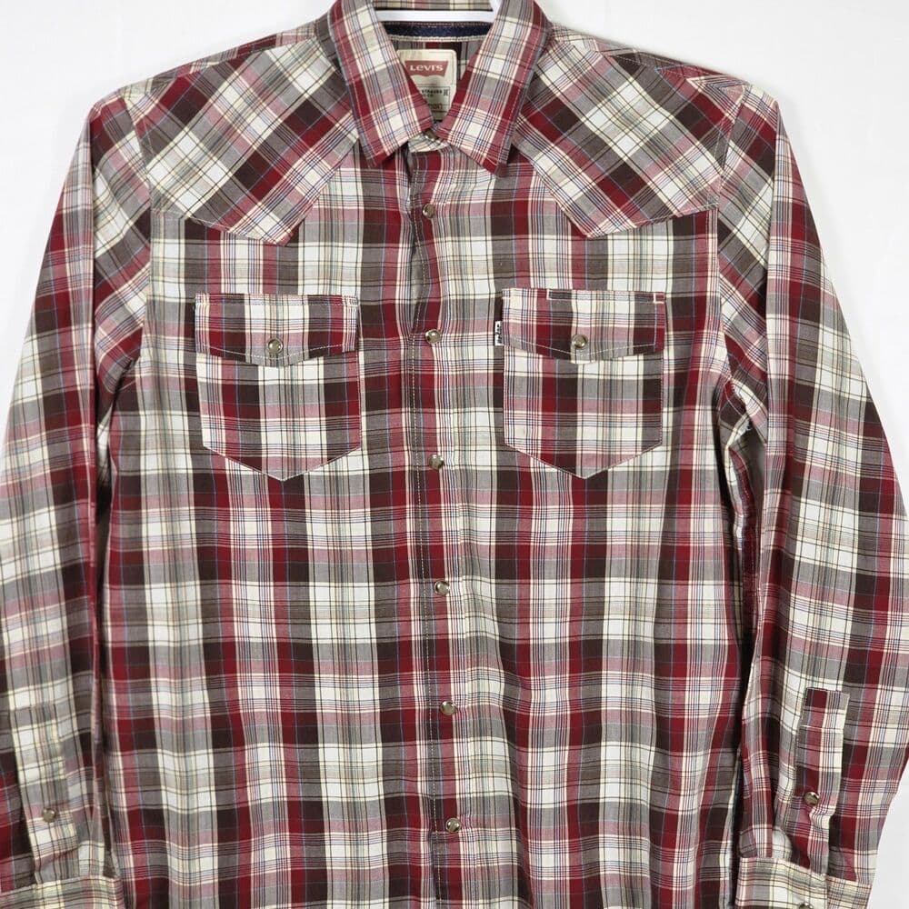 Vintage Levi's Mens Small Plaid Pearl Snaps Western Long Sleeve Button Up Shirt