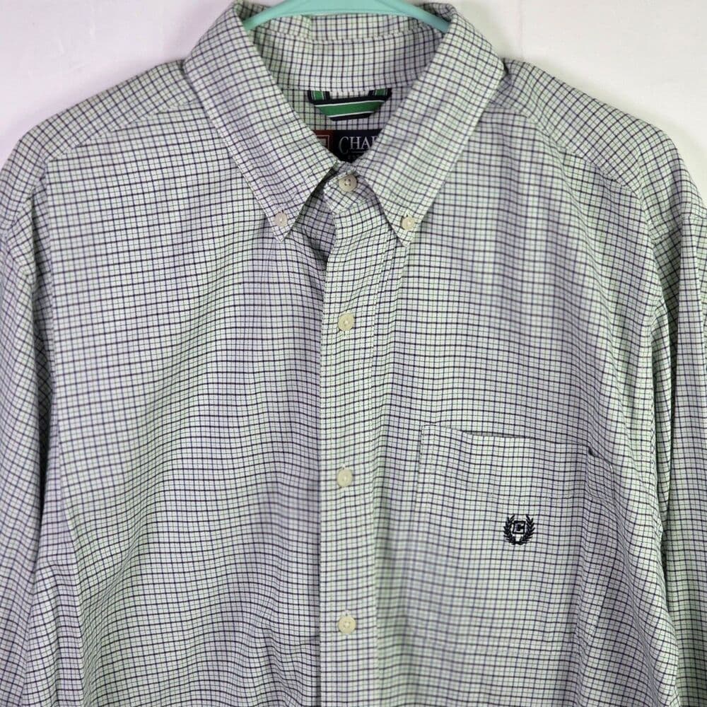 Chaps Men's Medium Stretch Oxford Blue And Green Check Long Sleeve Button Down