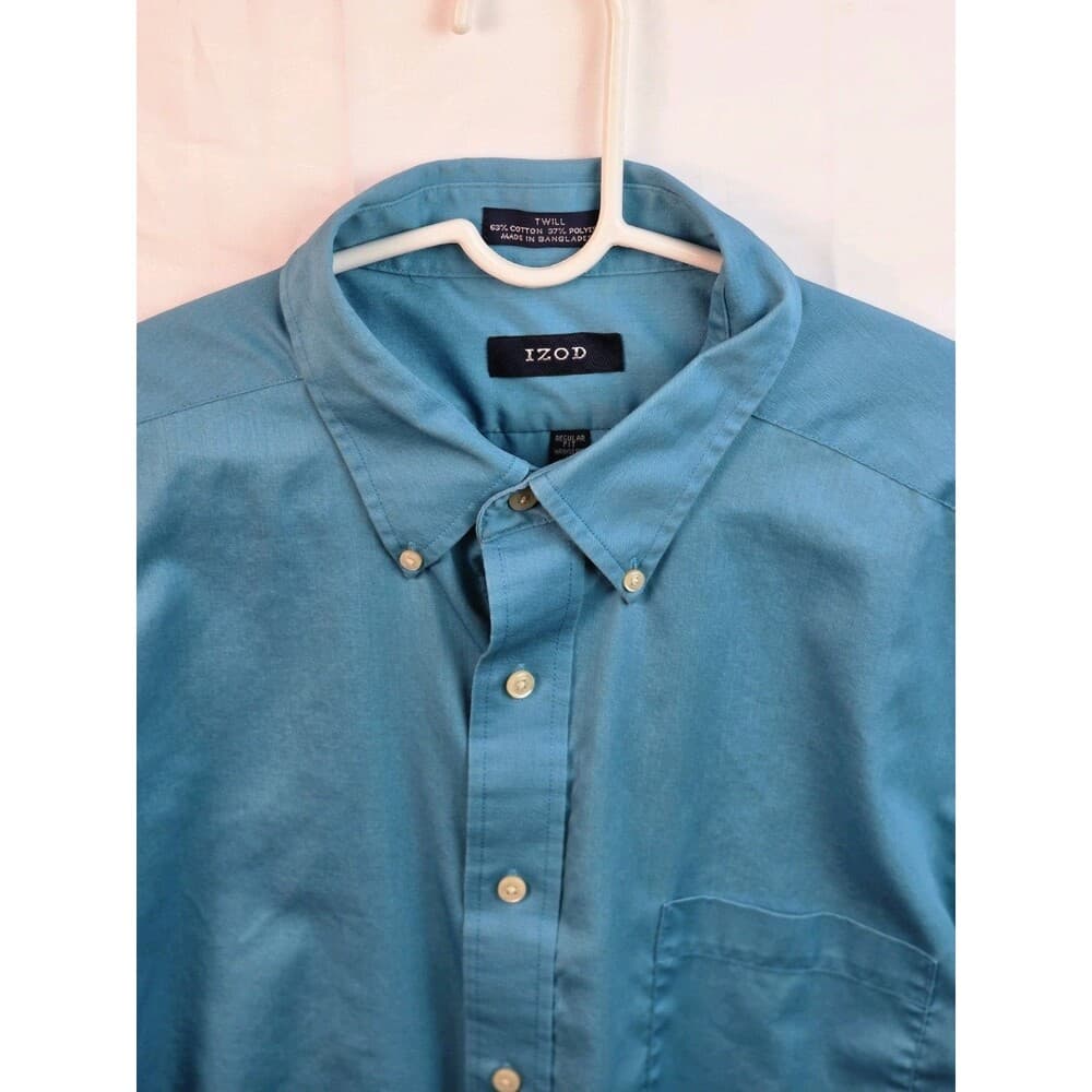 Izod Men's Large 17 34/35 Teal Regular Fit Long Sleeve Button Up Shirt