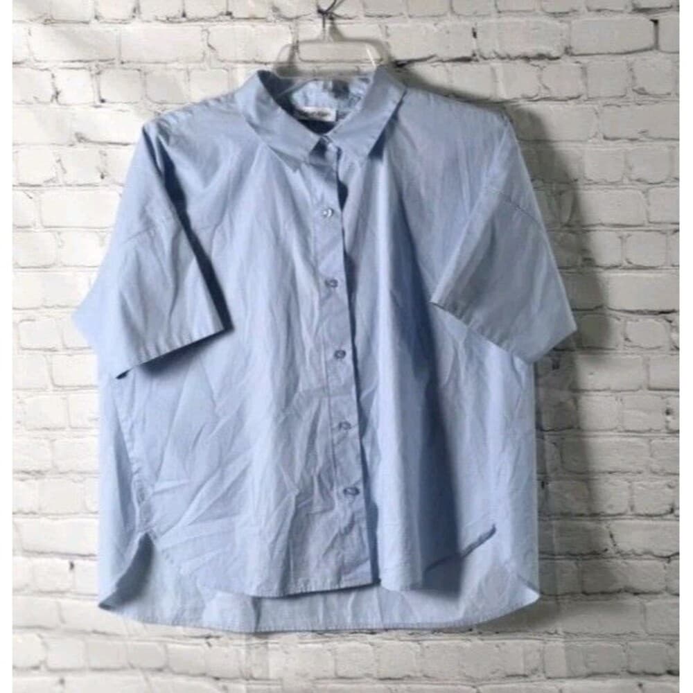 Calvin Klein Women's Small Blue Cotton Stretch Button Up Short Sleeve Shirt