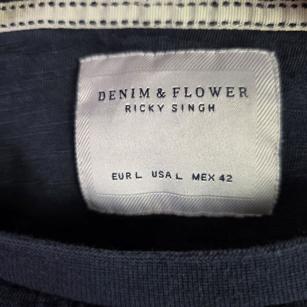 Denim & Flower Ricky Singh Men's Large Navy Blue White Stripe Casual T-Shirt