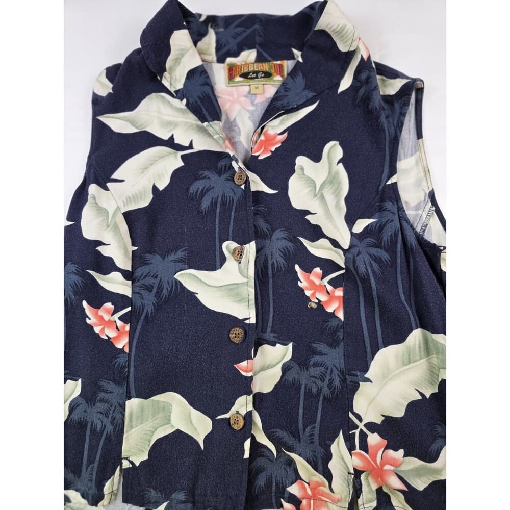 Caribbean Joe Women’s Medium Black Floral Hawaiian Collared Button Blouse