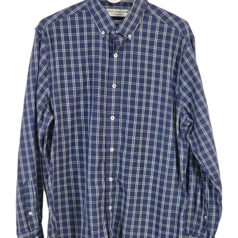 Nick Graham Men's Large Blue with Green White Plaid Button Up Shirt * FLAWED*