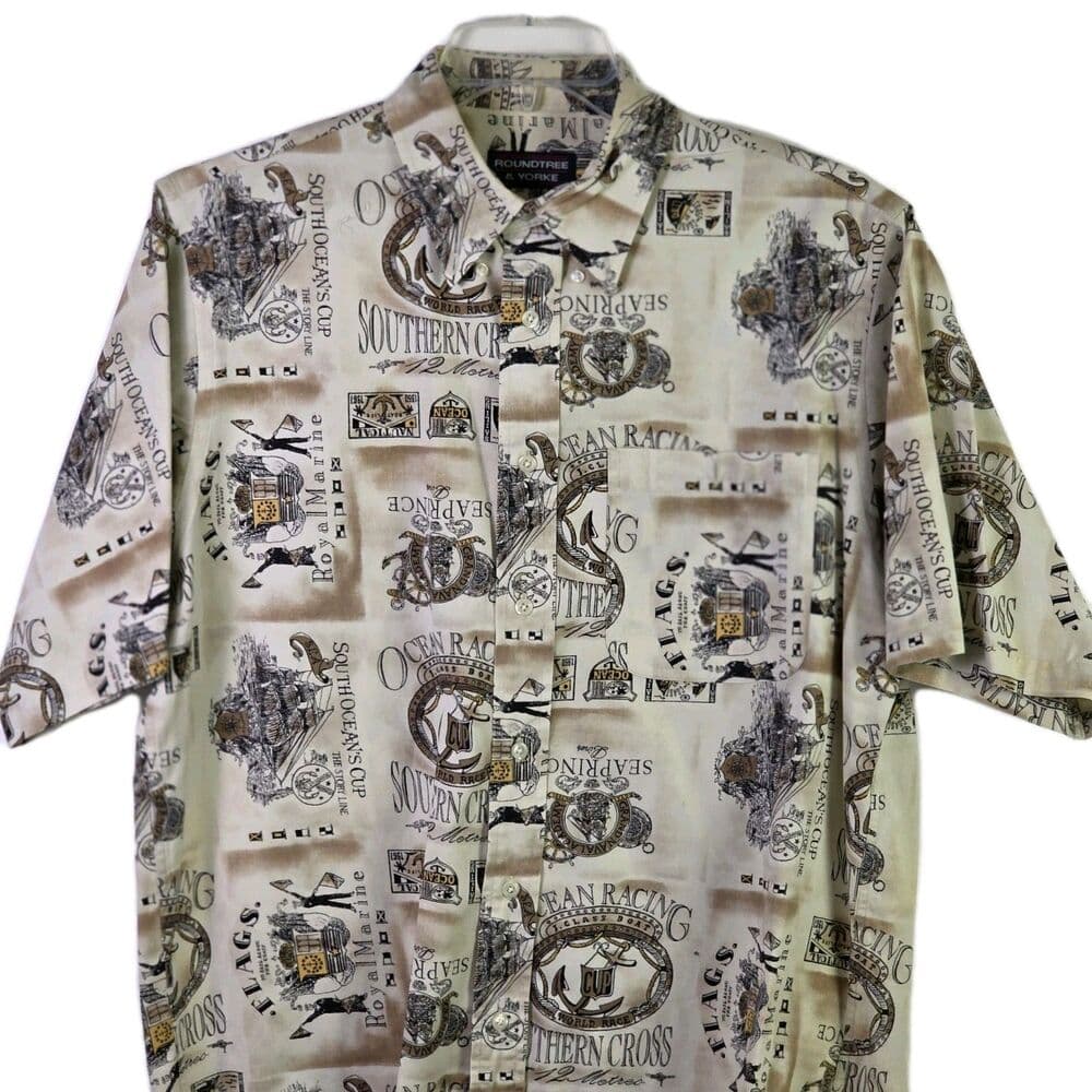 Vtg Roundtree & York Men's Medium Nautical Ocean Short Sleeve Button Down Shirt