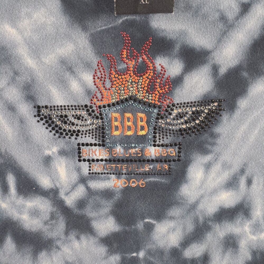 Vtg 2006 Bikes Blues & BBQ Bike Rally Women's XL Tye Dyed/Rhinestone Shirt