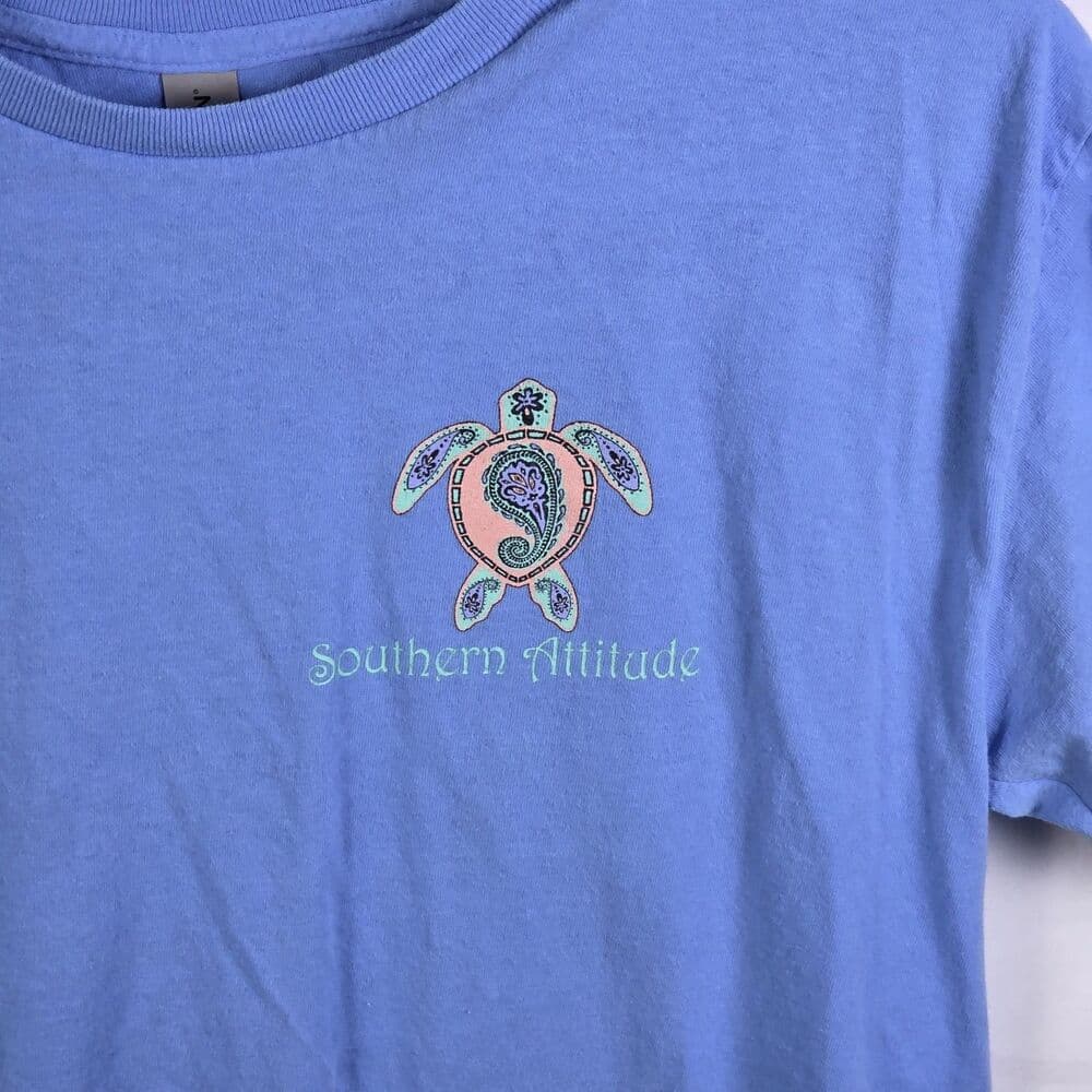 Southern Attitude Women's Medium Paisley Turtle Light Blue T-shirt