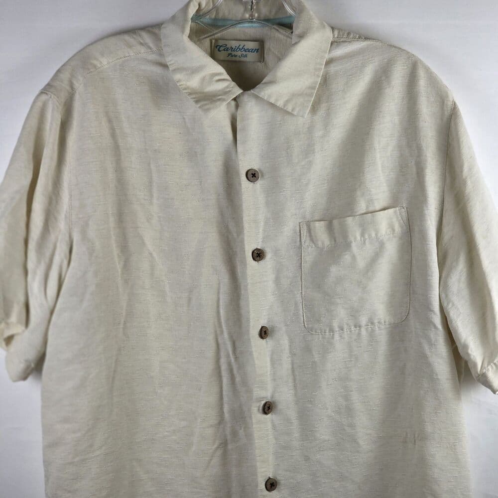 VTG Caribbean Men's Medium Ivory Silk Hawaiian Button Down Shirt