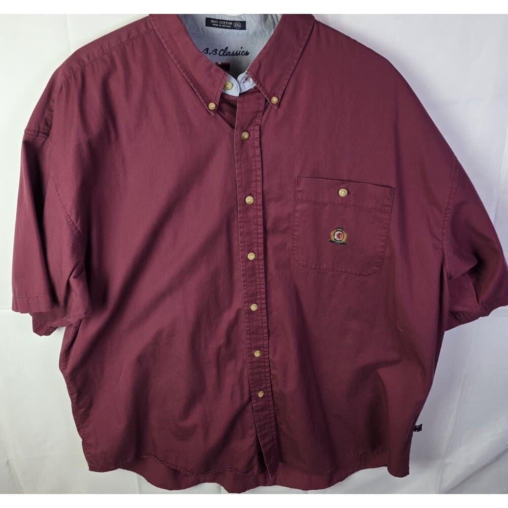 BB Classics Mens XXL Red Embroidered Crest Logo Short Sleeve Button Up Shirt