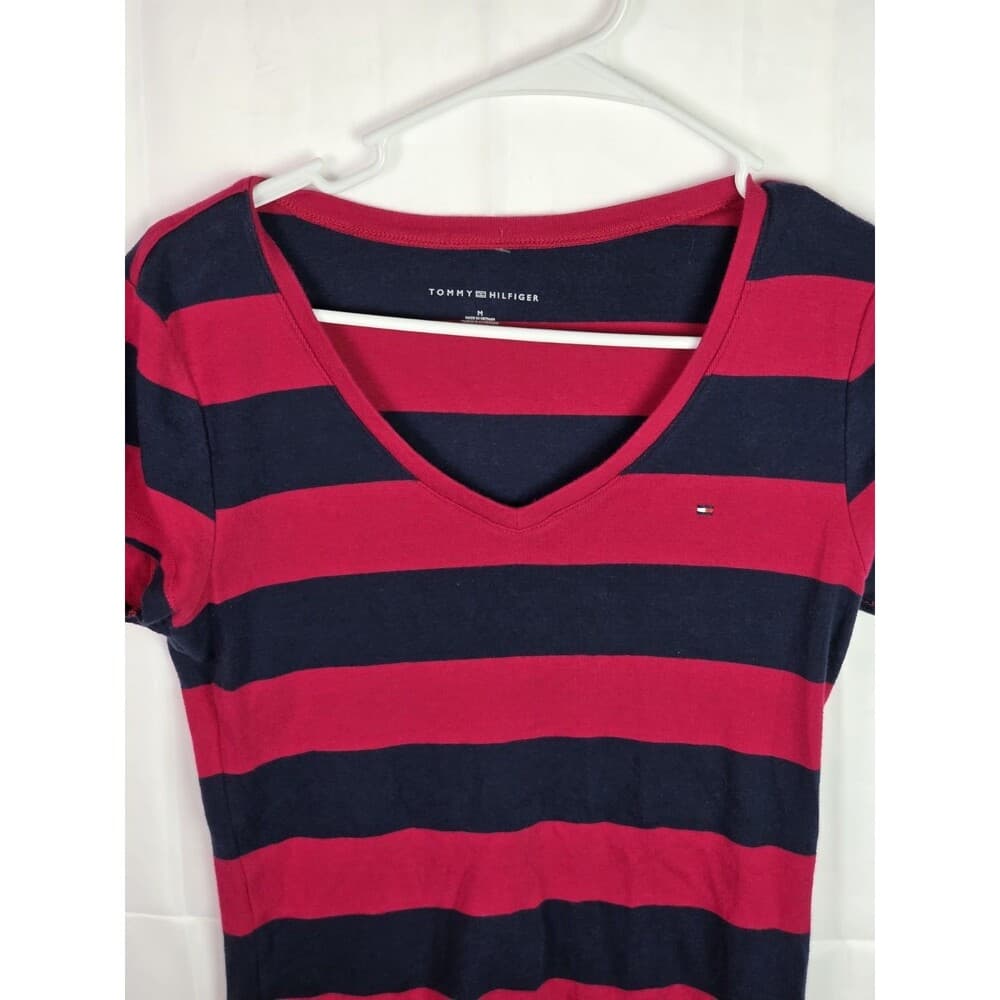 Tommy Hilfiger V Neck Shirt Girls Medium Red Blue Striped Short Sleeve Shirt