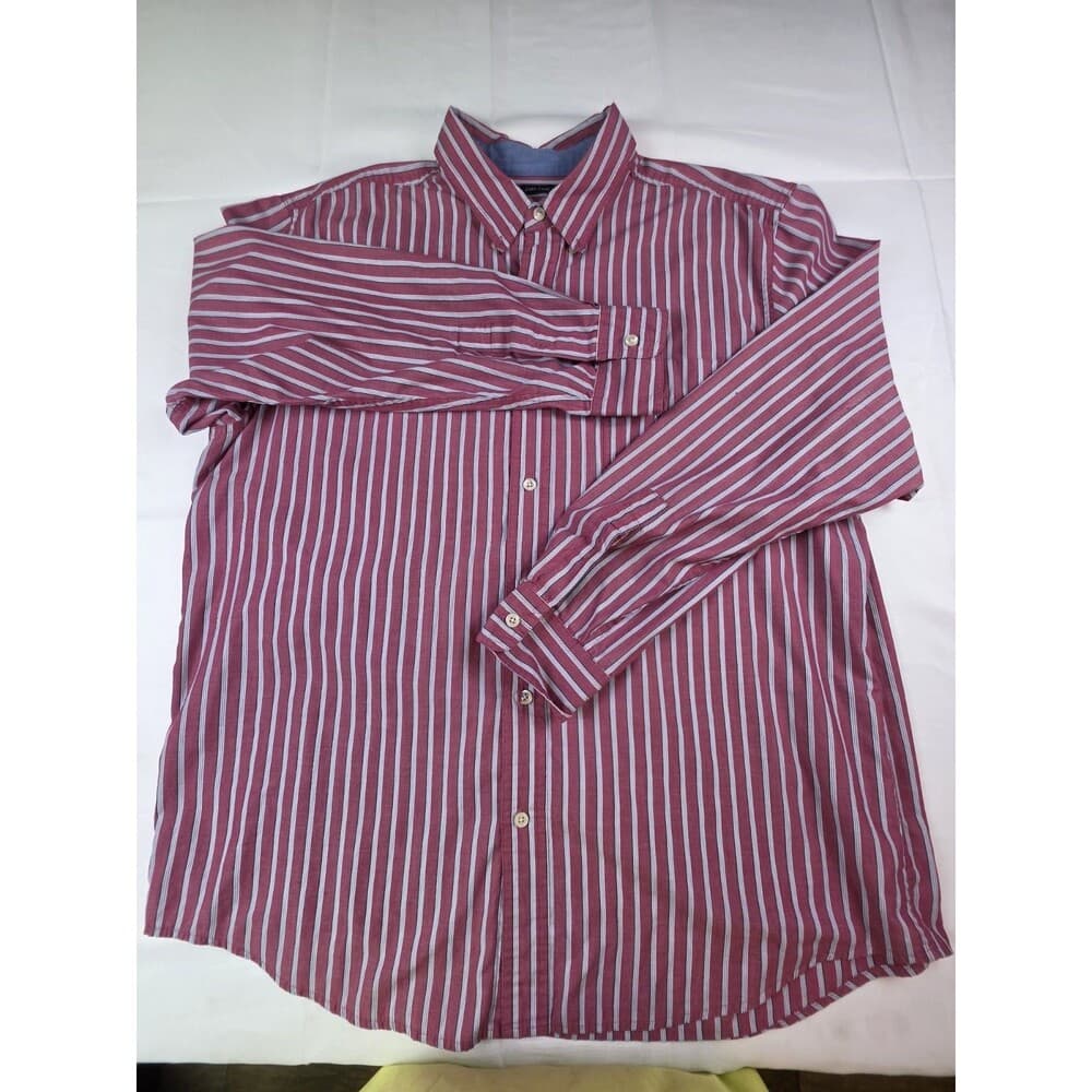 Chaps Men's Easy Care Size Large Maroon Long Sleeve Striped Button Up Shirt