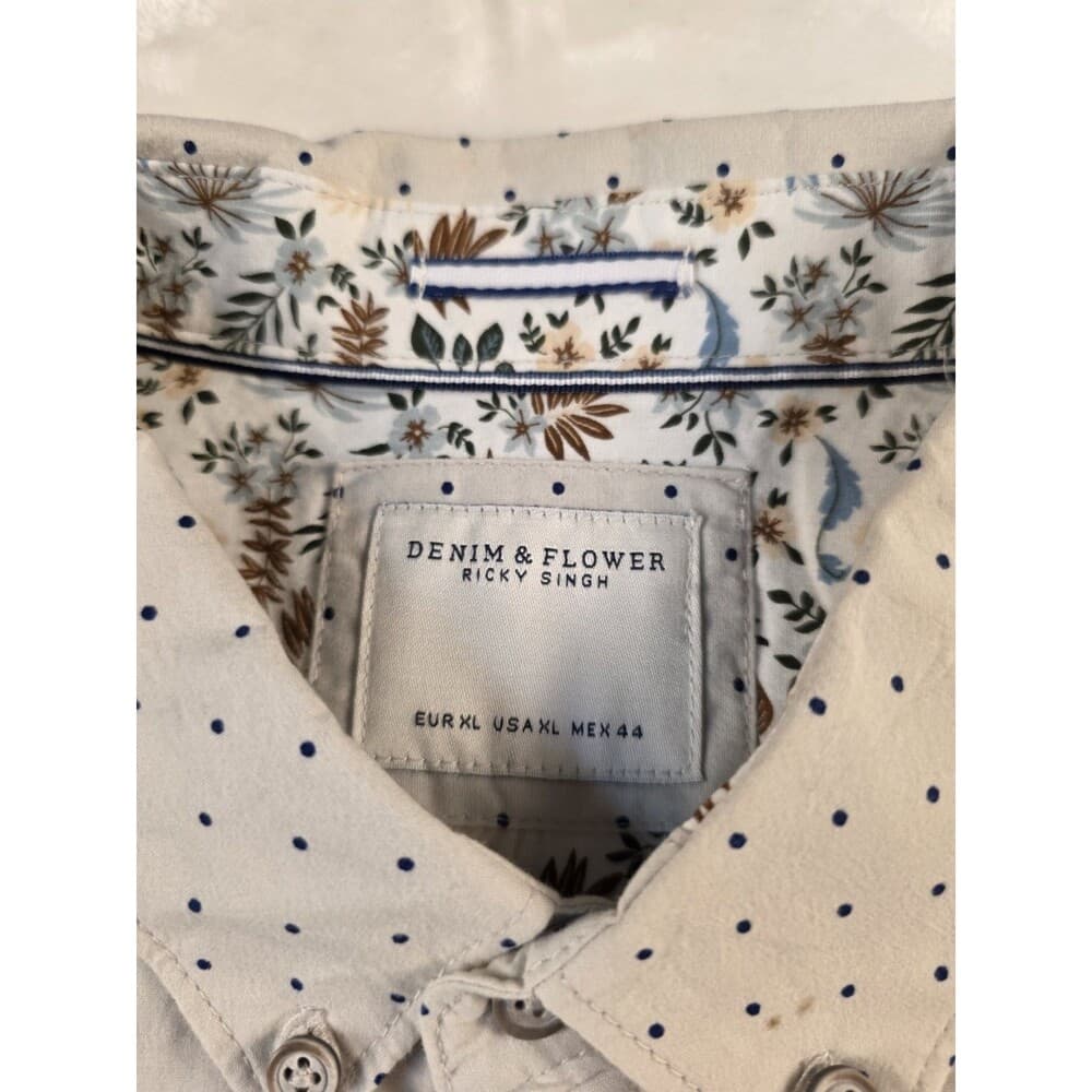 Denim And Flower Mens L Slim Fit White Polka Dots Short Sleeve Shirt