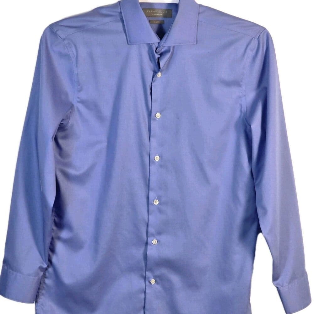 Perry Ellis Men's 15.5/32-33 Slim Fit Blue Long Sleeve Button Up Shirt