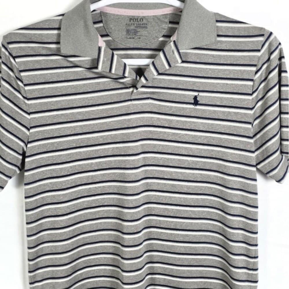 Polo Ralph Lauren Youth XL (18-20) Grey Preformance Stripped Short Sleeve Shirt