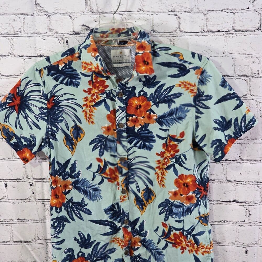 Denim & Flower 1942 Men's Small Slim Fit Floral Short Sleeve Button Up Shirt
