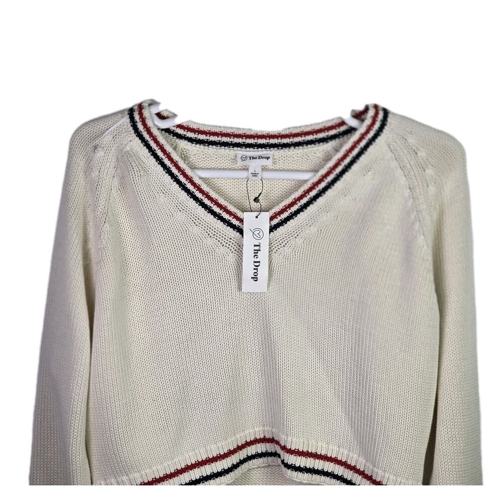 NWT The Drop Women's Large White W/ Red V-Neck Sweater