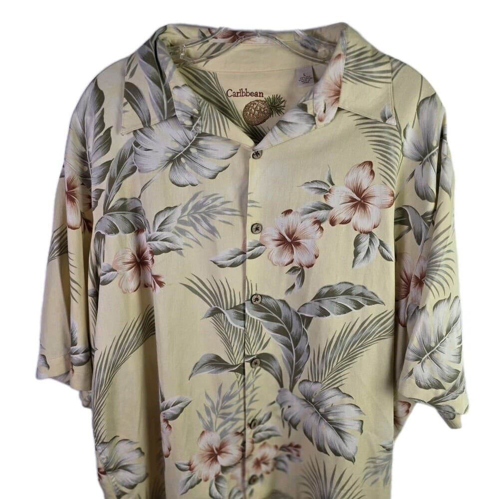 Caribbean Joe Men's Large Silk Blend Hawai Tropical Short Sleeve Shirt