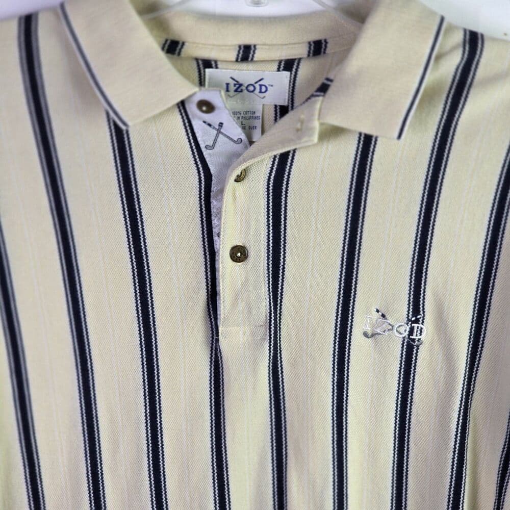 Vtg Izod Club Men's Large Yellow Striped Short Sleeve Golf Polo Shirt