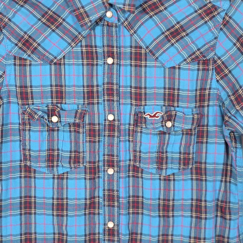 Hollister Shirt Men's Small Blue Plaid Flannel Pearl Snap Long Sleeve Shirt