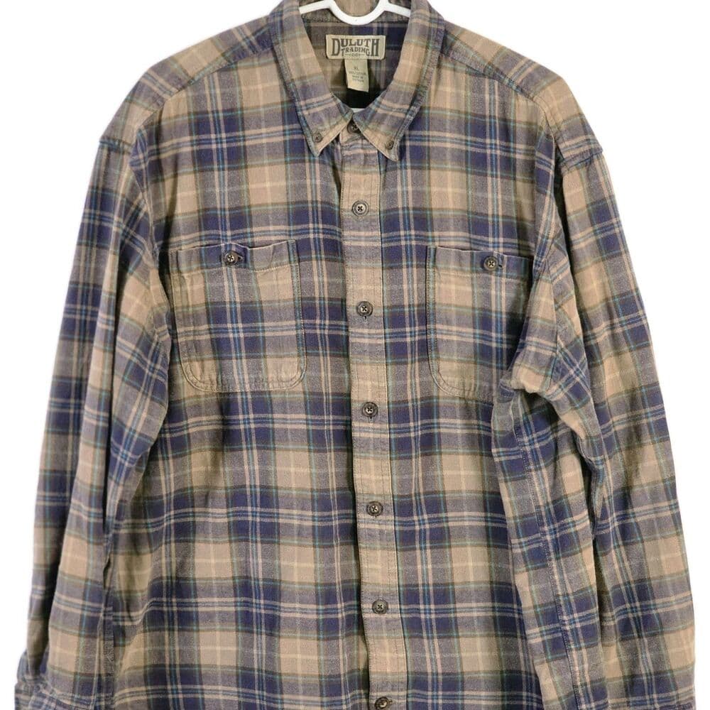 Duluth Trading Co Men's XL Brown & Blue Plaid Long Sleeve Flannel Shirt