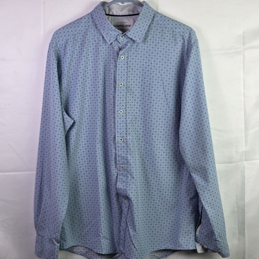 International Report Men's Large Blue Geometric Long Sleeve Button Down Shirt