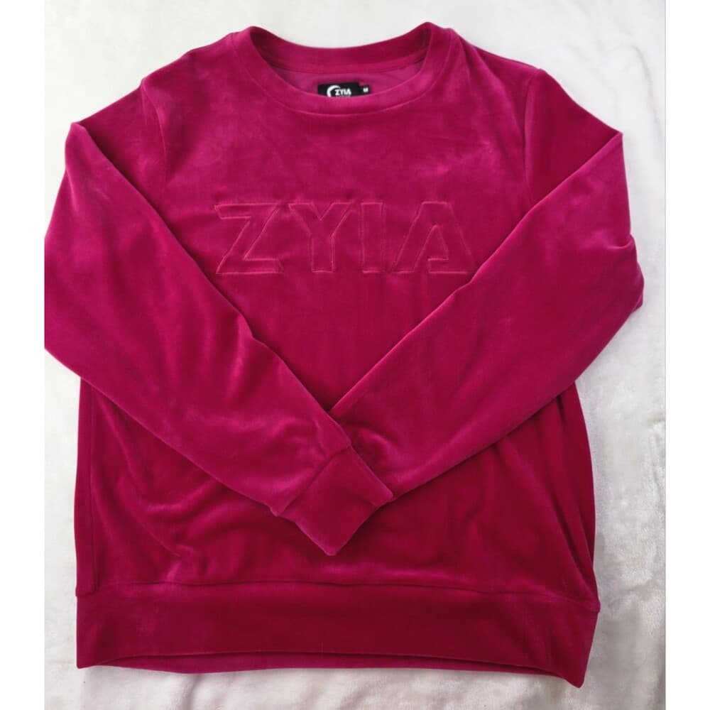 ZYIA Size Medium Active Fuchsia Pink Velvet Spell Out Pullover Sweatshirt