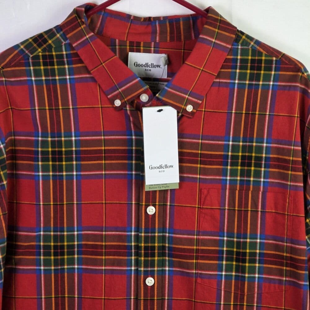 NWT Goodfellow & Co Men's XXL Red Long Sleeve Plaid Button Down Shirt