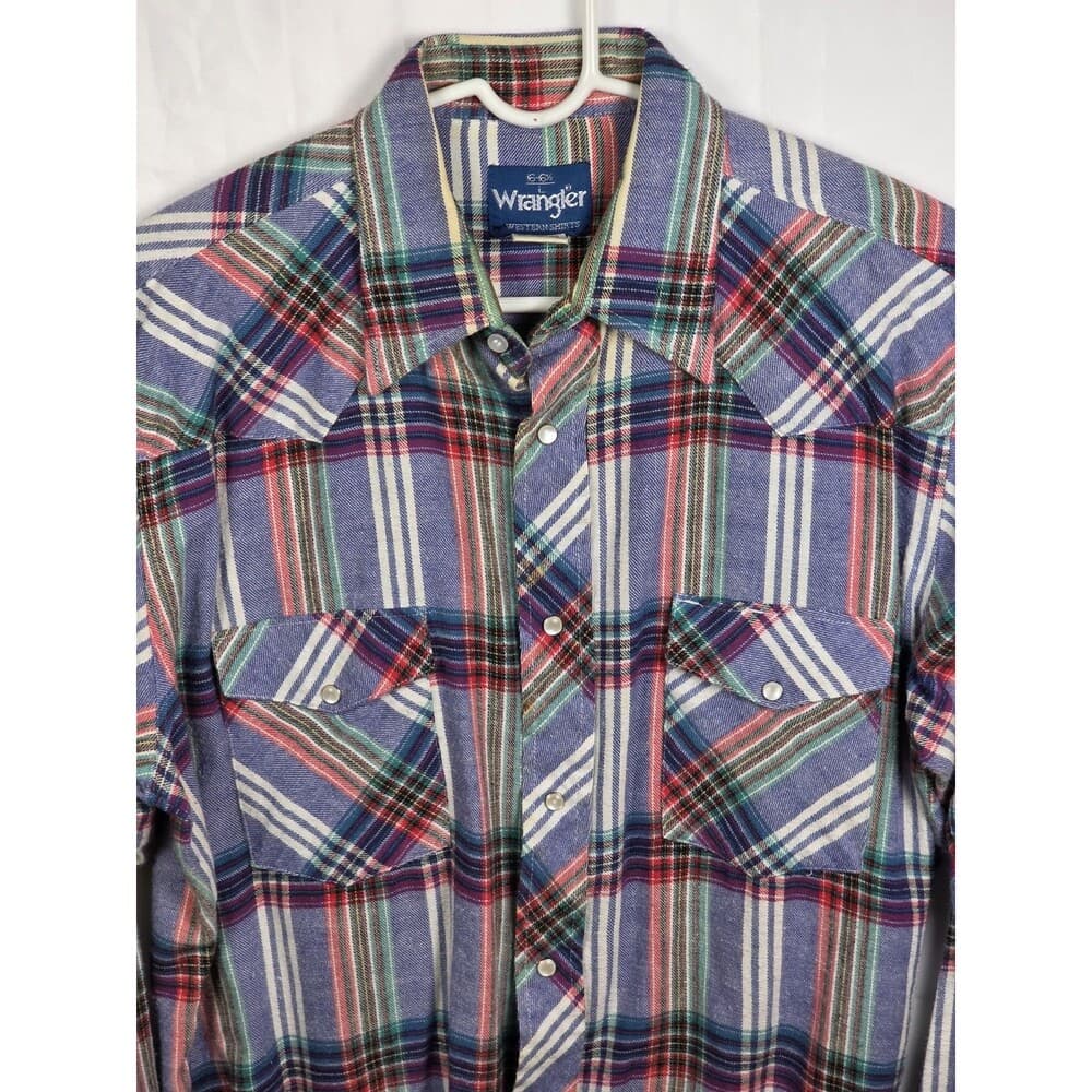 Vintage 80s Mens XL Wrangler Western Pearl Snap Plaid Long-Sleeve Shirt