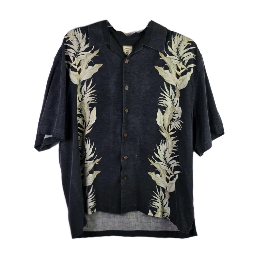 Jamaica Jaxx Men's XL Black With Brown Palm Leaves Short Sleeve Silk Shirt